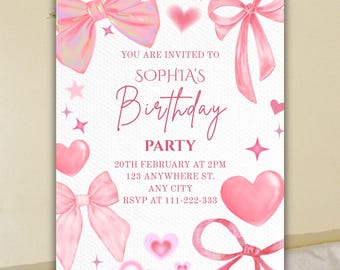 Pink Bow Birthday Invitation, Coquette Girl Party, Canva Template,  Digital Download