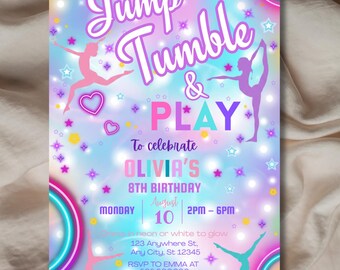 Gymnastics Birthday Invitation Template,  Glow Neon Invite, Girl Birthday Gym Party