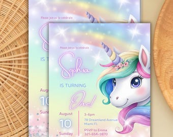 Unicorn Birthday Invitation, Magical Pastel Rainbow Party Invite, Sparkle Design, Instant Download