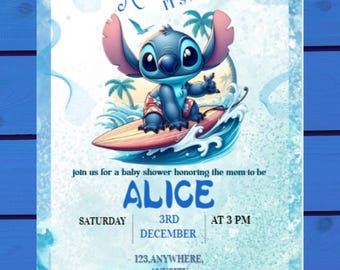 Stitch Baby Shower Invitation: Blue, Editable Canva Template (Digital Download)