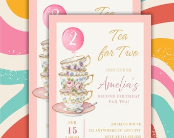 Tea for Two Birthday Invitations, Teacups Invite, Blush Pink,  Let's Partea!, Editable