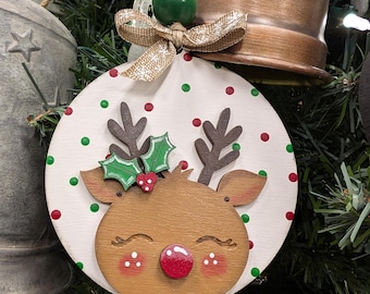 Hand Painted Wooden Reindeer Christmas Ornament: Tiered Tray Decor