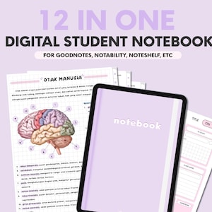 Puede incluir: Un cuaderno digital para estudiantes con el texto "12 IN ONE DIGITAL STUDENT NOTEBOOK" y "FOR GOODNOTES, NOTABILITY, NOTESHELF, ETC". El cuaderno es de color lila claro y tiene la palabra "notebook" en la portada. También hay páginas con el texto "OTAK MANUSIA" y un diagrama del cerebro.