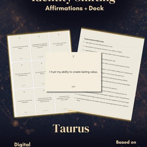 Könnte beinhalten: Identity Shifting Affirmationen und Kartendeck für Stier, 20. April bis 20. Mai. Digitaler A5 PDF-Download mit einer Karte mit dem Text I trust my ability to create lasting value sowie einer Liste von Stier-Mond-Affirmationen.