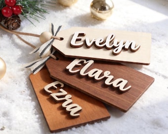 Personalized Wooden Christmas Stocking Tags , Laser Cut Custom Name Tags , Festive Holiday Hanging Labels