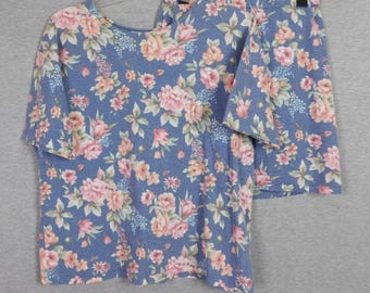 Women Shirt & Skirt Outfit Large Blue Pink Roses Short Sleeve Vintage Made USA