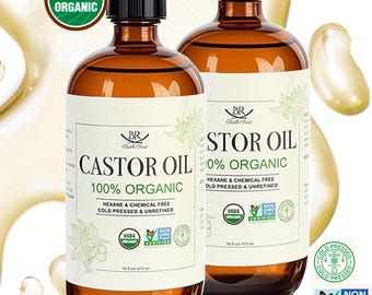Castor Oil Organic Cold Pressed for Hair Eyelashes Skin Face Body, 100% Pure Natural for Pack Wrap Patches USDA Certified Hexane Free 16oz