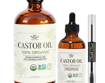 Castor Oil Organic Cold Pressed Unrefined 100% Pure Natural for Hair Growth Eyelashes Brows Skin Face Body, USDA Certified Hexane Free
