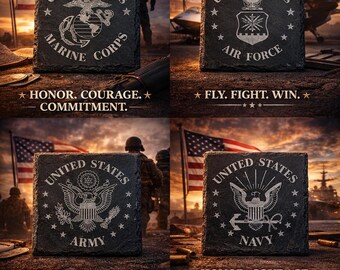 Military Slate Coasters Set – Marine Corps Army Navy Air Force Gift – Veteran Tribute Decor – Patriotic Home Gift for Him
