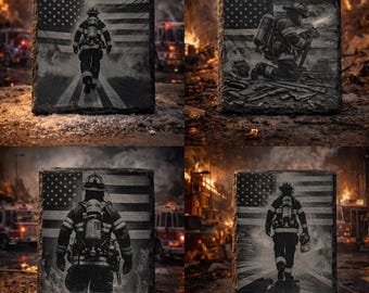 Firefighter Slate Coasters Set – Patriotic American Flag Gift for Fireman – Firefighter Retirement, Station Decor, Hero Tribute