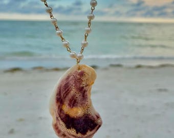 Handmade Seashell Pendant Necklace Natural Ocean Shell on Pearl Bead Chain Coastal Jewelry Gift