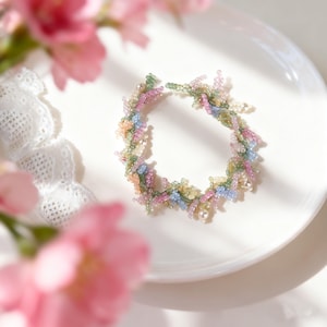 Handmade Seed Bead Flower Bracelet, Freshwater Pearls, Macaron Colors