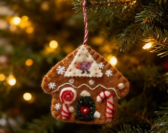 Handmade Wool Felt Gingerbread House Ornament: Christmas Tree Hanging Decoration