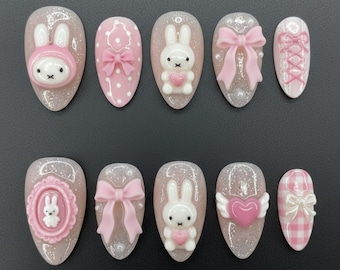 Glitter Miffy Bunny Press On Nails | Pink Coquette Ribbon Bow and Heart Fake Nails | Kawaii Bunny 3D Nail Art | Soft Girl Aesthetic Nails