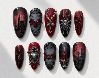 Dracula-Kunstnägel im Gothic-Stil | Gruselige Vampir-Fledermaus-Spinnennetz-Kunstnägel | Dunkelrote und schwarze Sargform-Kunstnägel | Halloween-Maniküre