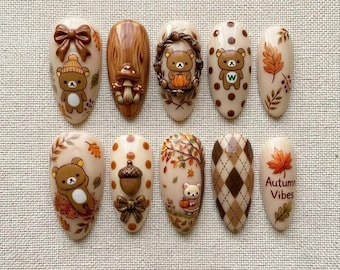 Autumn Vibes Bear Press On Nails | 3D Mushroom Acorn Fall Nails | Kawaii Argyle Custom Fake Nails | Cute Stick On Nails