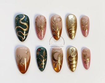 Gold Snake Moon Butterfly Press On Nails, Mystical Botanical Nail Art, Green Pink Elegant Nails, Witchy Gothic Celestial Autumn Nail Set