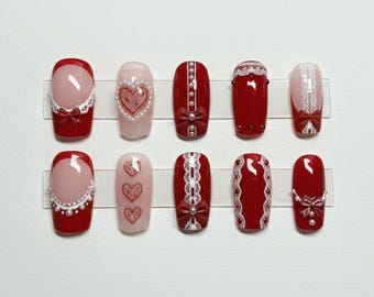 Red Valentine Press On Nails with Lace, Bow & Heart Design | Handmade Romantic False Nails for Wedding, Date Night, Gift