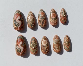 Elegantes Vintage Floral Nagelkunst Set | Handbemaltes Viktorianischer Stil | Weiche Pfirsich- und Grüntöne mit floralen Details