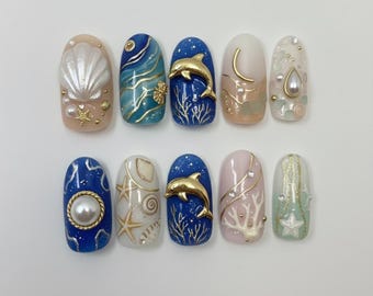 Ocean-Inspired Dolphin Nail Art Set with Shells and Pearls, Beach Nails, Mermaid Nails, Coastal Nail Art, Blue Press-On Nails, Summer Nail