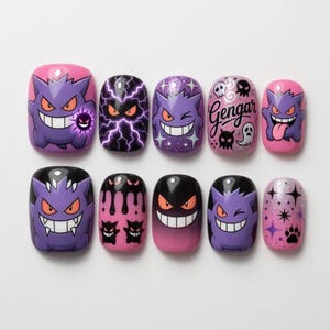 Gengar Pokemon Press On Nails | Spooky Purple and Pink Gengar Ghost Face Nail Art | Kawaii Gothic Anime False Nails | Custom Glue On Nails