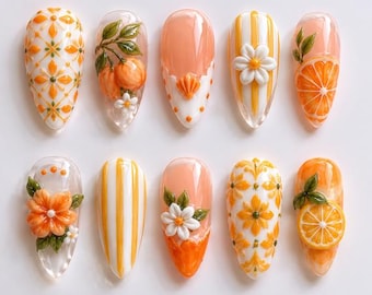 Oranjebloesempers op de nagels | Citrusnagelkunst en 3D-bloemen zomernagels | Perzik Franse tips | Schattig fruitnagelontwerp