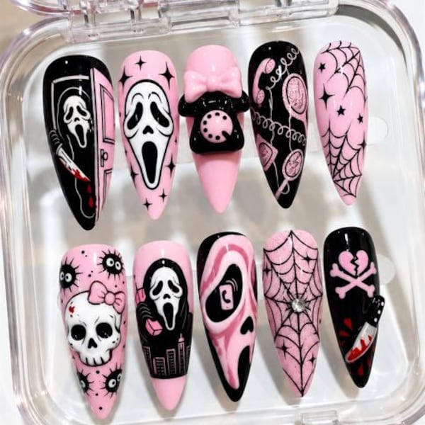 Pink Ghostface Press On Nails, Scream Halloween Stiletto Nails, Creepy Cute Horror Fake Nails, Y2K Goth Skull Spider Web Custom Nail Art