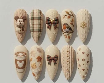 Cozy Neutral Plaid 3D Knit Press On Nails, Fall Winter Autumn Leaves Fake Nails, Cute Coffee Bird Reusable Acrylic Glue On Nails