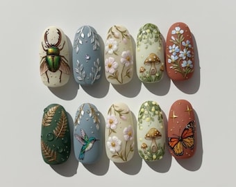 Forest Nature Press On Nails with Hand Painted Beetle, Butterfly, Mushroom & Floral Art, Cottagecore Woodland Fantasy Nails