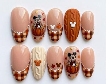 Mickey Mouse Fall Press On Nails, Autumn Pumpkin Plaid Fake Nails, Disney Inspired Knitted Texture Nails, Cute Thanksgiving Manicure