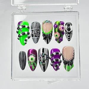 Beetlejuice Halloween Press On Nails, Handmade 3D Nail Art with Green and Purple Stripes, Spooky Beetlejuice Nails, Beetlejuice Gothic Nails