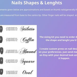 K&ouml;nnte beinhalten: Abbildung mit Nagelformen und -l&auml;ngen, einschlie&szlig;lich Stiletto, Coffin, Almond, Square und Oval. Ma&szlig;e in Zentimetern. Text erkl&auml;rt die Gr&ouml;&szlig;enbestimmung und Optionen f&uuml;r individuelle Press-On-Nageldesigns.