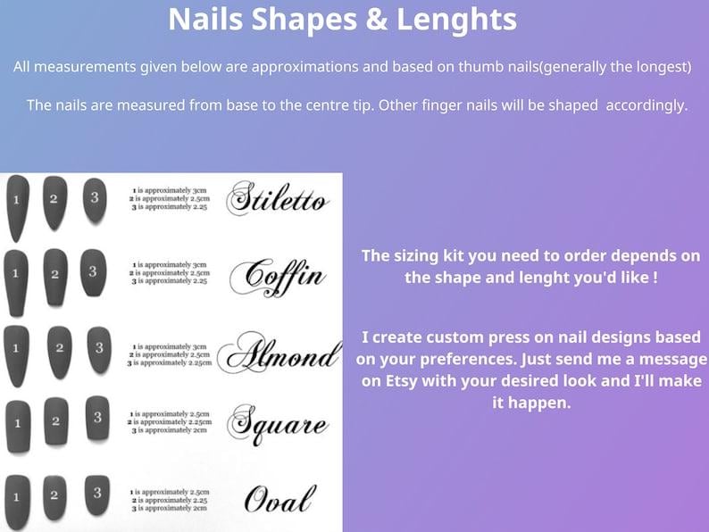 K&ouml;nnte beinhalten: Abbildung mit Nagelformen und -l&auml;ngen, einschlie&szlig;lich Stiletto, Coffin, Almond, Square und Oval. Ma&szlig;e in Zentimetern. Text erkl&auml;rt die Gr&ouml;&szlig;enbestimmung und Optionen f&uuml;r individuelle Press-On-Nageldesigns.