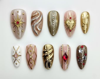 Shimmery Gold & Starry Nail Art Set with Gems, Elegant Holiday Press-On Nails, Glitter Star Nails, Festive Nail Design, Luxe Nail Set