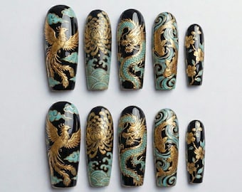 Japanischer Drache Drücken Sie auf die Nägel | Luxus Gold Phoenix Koi Fisch Nägel | Orientalische Kunst Gefälschte Nägel | Teal Und Schwarz Traditionellen Asiatischen Stil Nägel