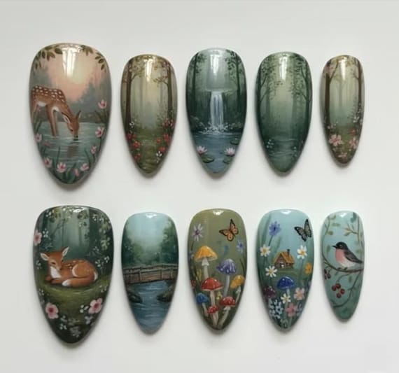 Forest Cottagecore Press On Nails | Woodland Deer Mushroom Fake Nails | Nature Inspired Waterfall Handpainted Nails