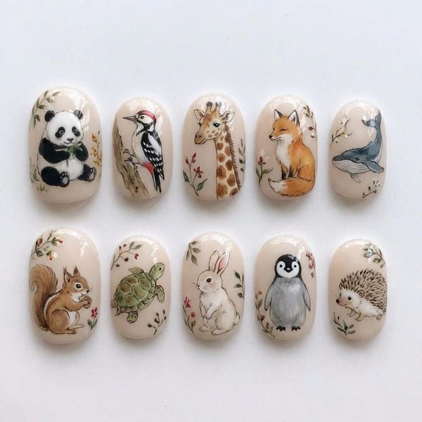 Storybook Animal Press On Nails | Cute Panda Giraffe Fox Whale Art | Hand Painted Woodland Creature Nails| Whimsical Nursery Aesthetic