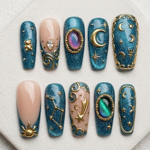 Mystical Celestial Press On Nails | Teal Gold Witchcore Nails | 3D Moon Star Gem Astrology Coffin Nails | Dark Fantasy Custom Reusable Nails