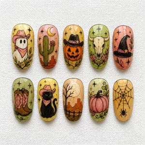 Press-on naglar med västerländska Halloween-motiv | Läskiga cowboy-, spök- och pumpa-löjnaglar | Lösnaglar i vintage-öken, boho-stil | Anpassade höstnaglar