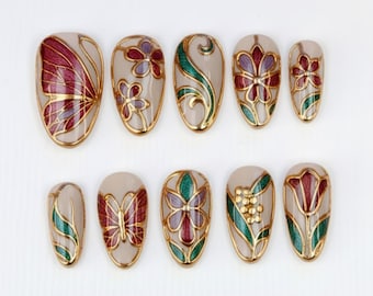 Art Nouveau Press On Nails Jewel Tone Floral Gold Outline Vintage Luxury Almond Fake Nails Ornate Nail Art Set