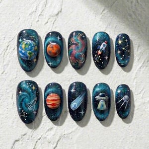 3D Galaxy Press On Nails | Space Theme Planet Rocket Satellite Nail Art | Earth Mars Jupiter Comet Cosmic Custom Nails