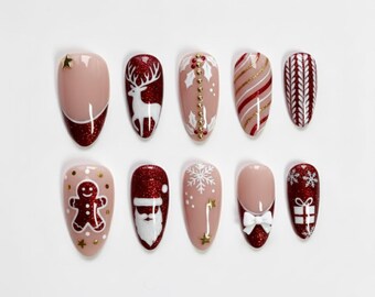 Conjunto de unhas decoradas com renas de gengibre para o Natal, unhas postiças festivas, unhas fofas de inverno, unhas natalinas com glitter vermelho.