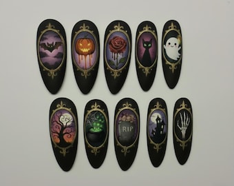 Uñas postizas con retrato de Halloween / Uñas postizas con marco espeluznante de calabaza y fantasma / Uñas góticas oscuras de gato y murciélago / Uñas de terror vintage