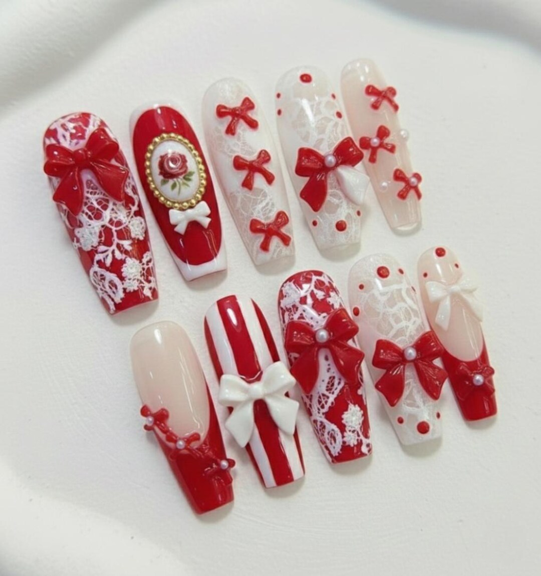 Red Bow Coquette Press on Nails | Luxury White Lace French Tip Fake ...