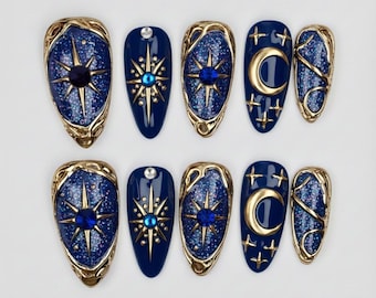 Luxus Navy Blue Galaxy Drücken Sie auf die Nägel | Gold 3D Celestial Moon & Star Gothic Fake Nägel | Handgemachte Witchy Midnight False Nails Long Almond