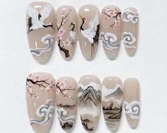 Hand-painted Japanese Red Crowned Crane Press On Nails | Traditional Ink Wash Landscape & Cherry Blossom Fake Nails | Zen Art Custom Nails