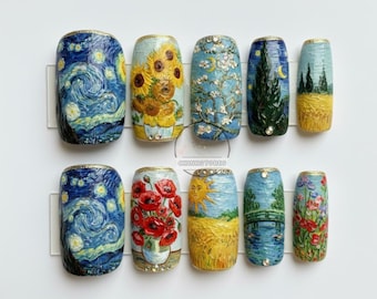 Van Gogh Art Press On Nails, Starry Night Sunflowers Almond Blossom Nail Art, Hand Painted Masterpiece Nails, Artistic Fine Art Nail Set