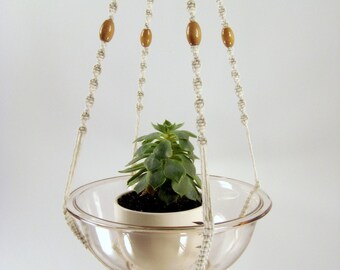 Macrame Plant Hanger, Medium Size - Caramel Coloured Wooden Beads, Cotton Twine, 32 inches / 81 cm's in length