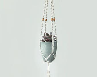 Macrame Plant Hanger, Size Small - Beige Beads, Cotton Cord, 28 inches/71 cm's long