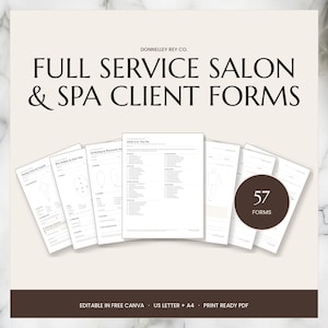 Puede incluir: Una colección de formularios de cliente imprimibles para salón de belleza y spa, con 57 documentos en tamaños US letter y A4. El conjunto incluye varias plantillas con texto y diagramas, presentadas en un diseño profesional con detalles en marrón oscuro.